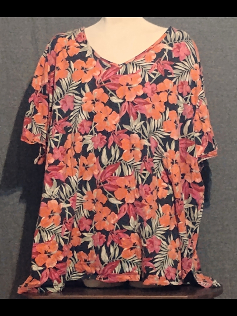 Catherines Black Floral V-Neck Top with Orange and Pink Blooms